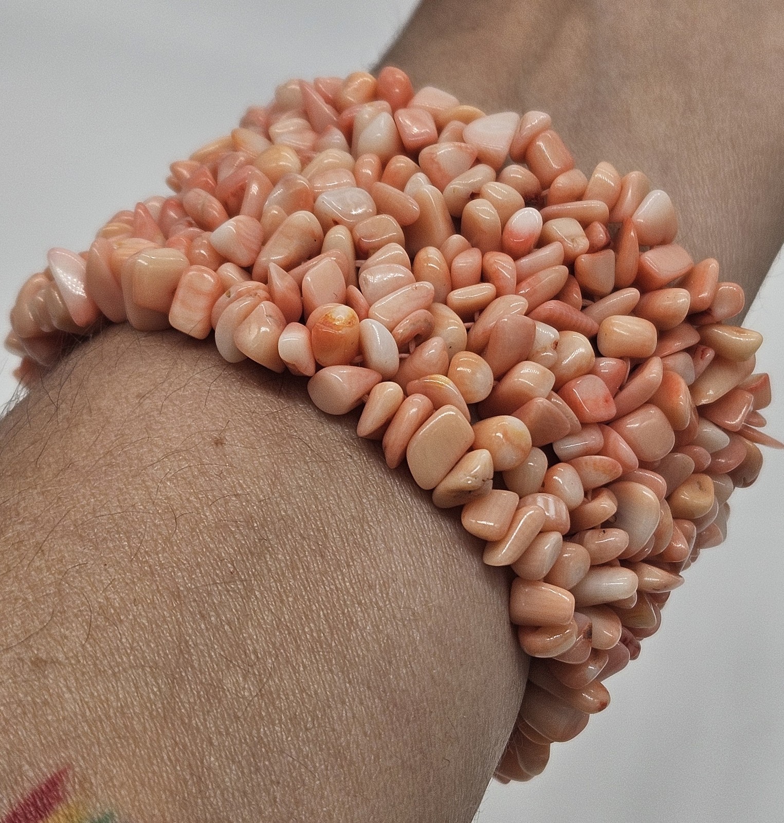 Vintage Pink Coral Wide Band Stretch Bracelet W/ Free-Shape Tumbled Stones