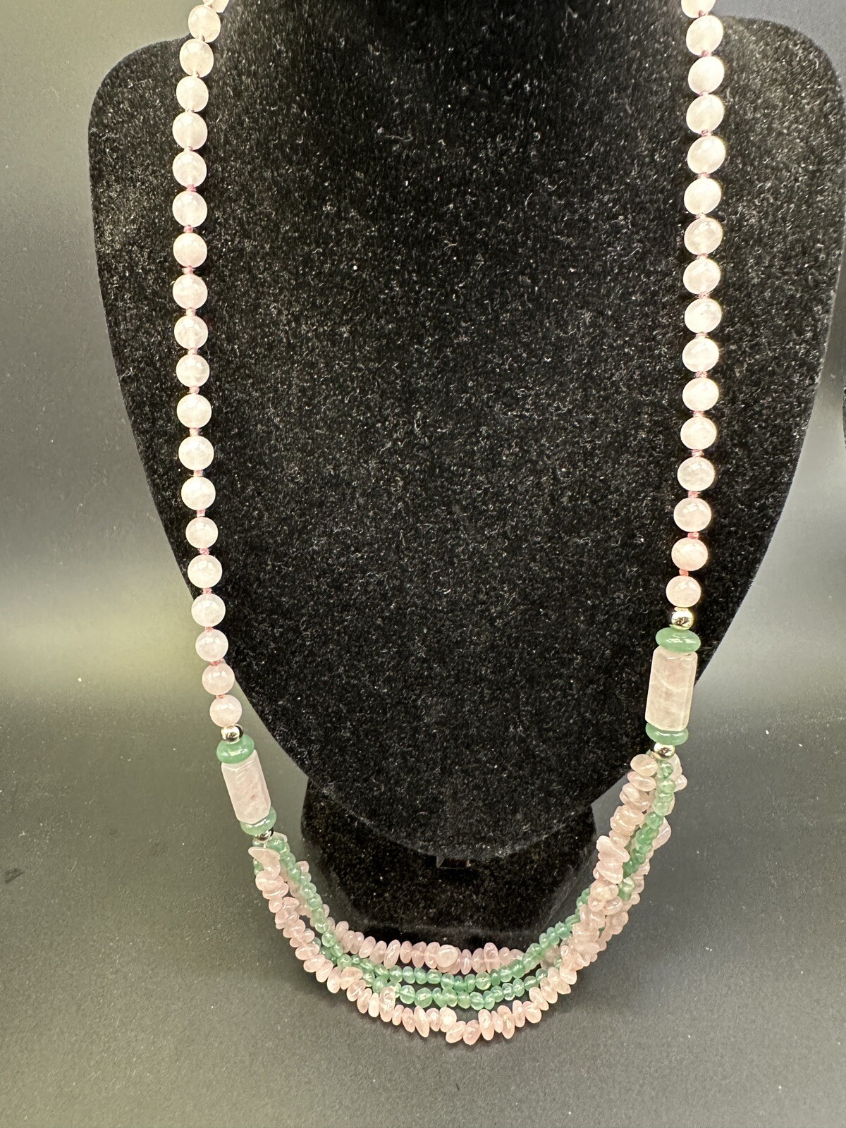 Vintage Chinese Export Multistrand Pink Rose Quartz Green Jade Necklace Stunning