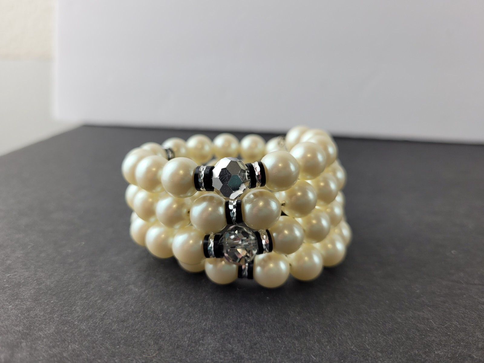 Vintage Faux Pearl Wrap Bracelet Multi Strand Black Silver Tone Beads