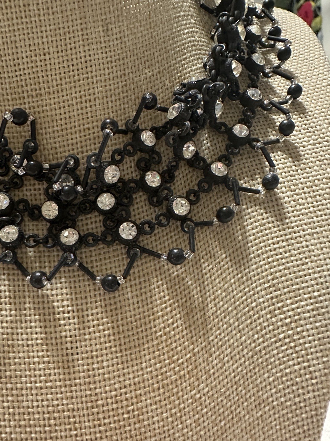 Miriam Haskell Necklace Black Clear Rhinestones Choker Bib Style Vtg MCM Old