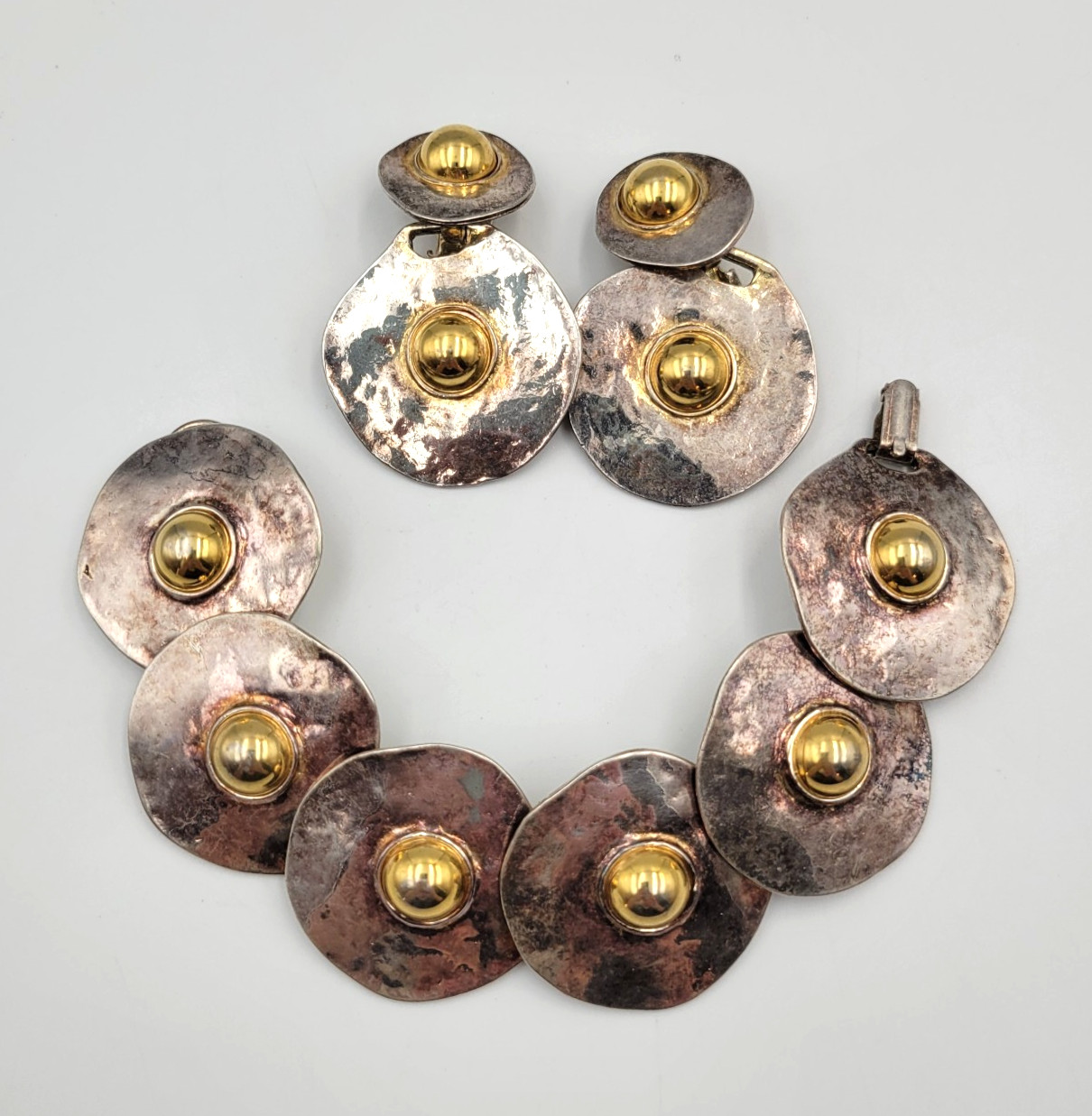 Brutalist Style Jewelry Set Hammered Disc Bracelet Clip on Earrings READ