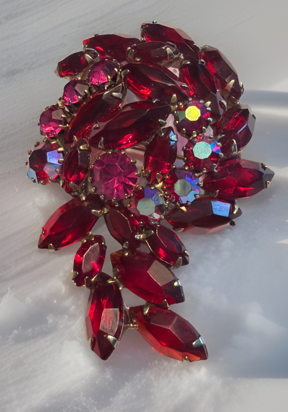 Stunning Vintage Juliana ? Flower Brooch Red Navettes AB Pink Rhinestones K15