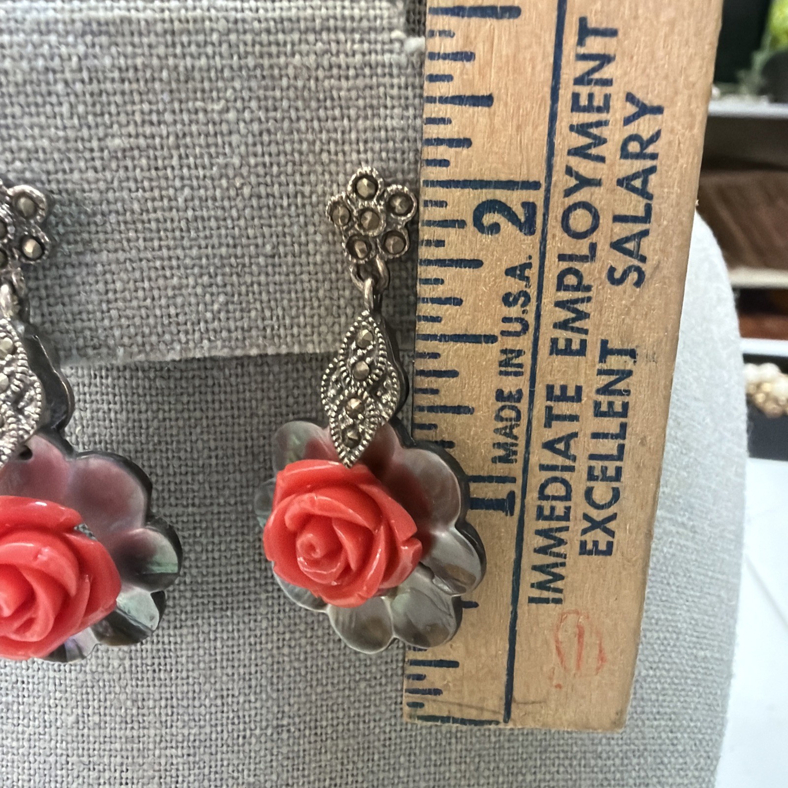 Sterling Silver Marcasite Carved Mother of Pearl Coral Rose Dangle Earrings