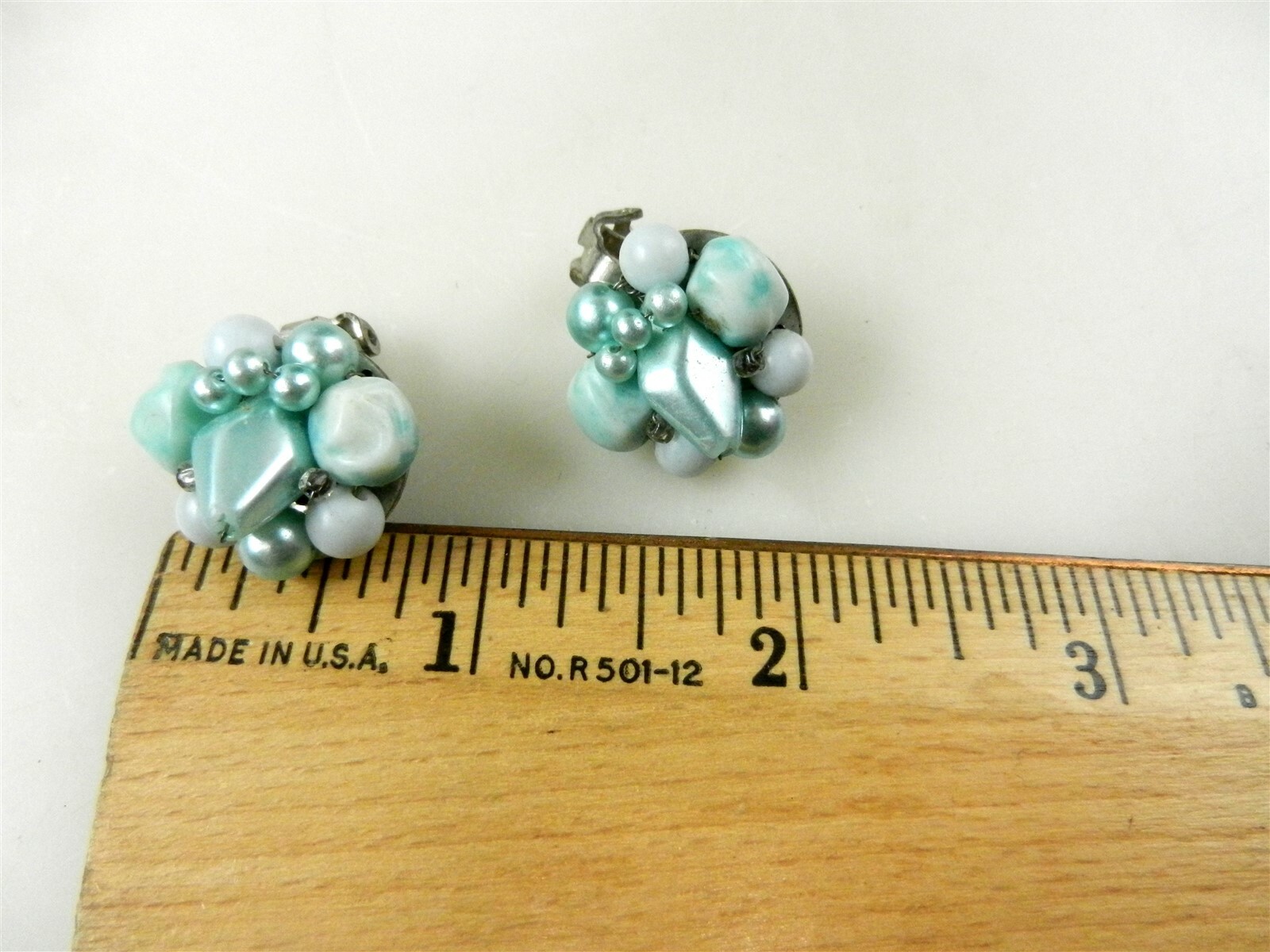 Vtg 4 Strand Necklace w/Earrings Teal Glass Beads Japan 1960’s Clip-on S04B