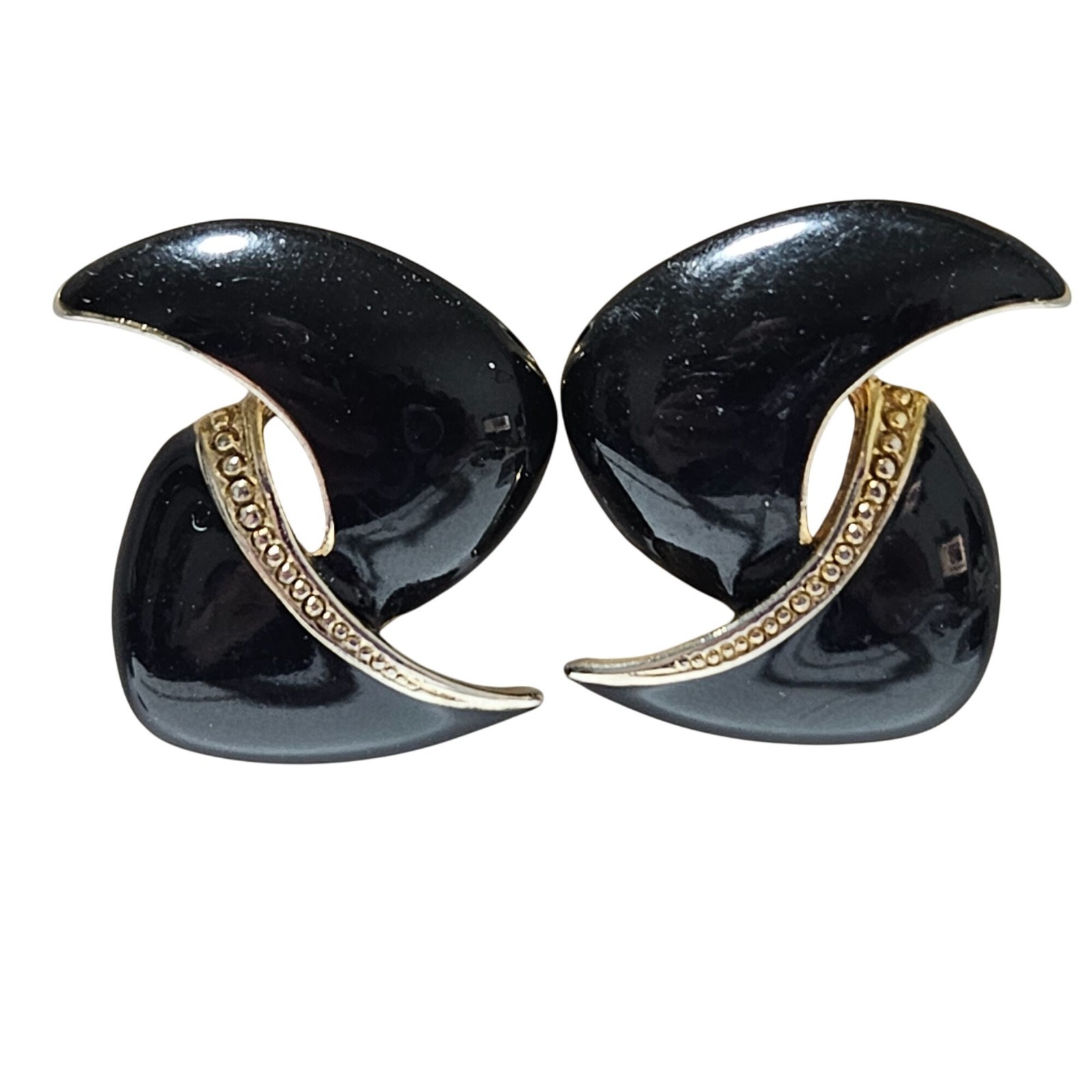 Vintage Black Gold Earrings Textured Detail Enamel Finish Fashion Jewelry Women