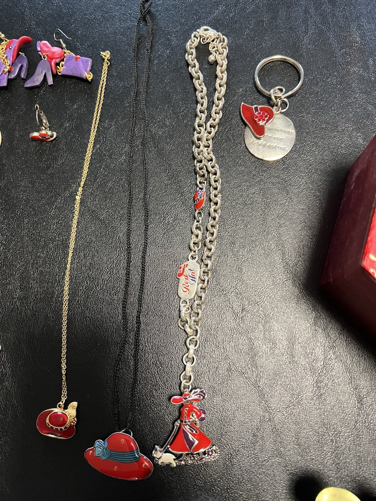 Red Hat Society Jewelry Lot Of 54 Brooches Bracelets Watch Necklaces Charms Box