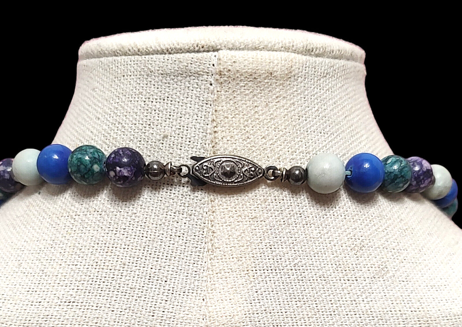 VTG Boho Long Blue Purple Natual Stone Beaded Bohemian Statement Necklace 25″