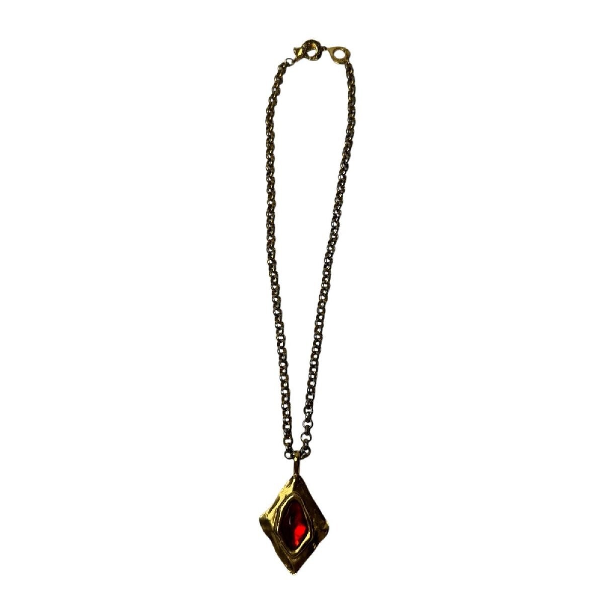 Yves Saint Laurent Authentic Vintage Gold Tone Necklace Red Resin Pendant Chain