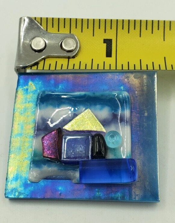 Classy Fused Glass House on Beach Pin. Blues Gold Red Brooch Blue Ocean View