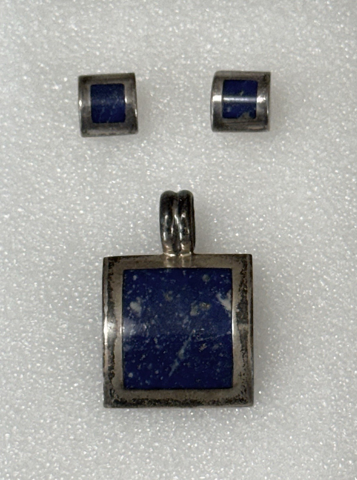 Vintage CHILE 980 Silver Domed Square Lapis Lazuli Pendant Stud Earrings Set 17g