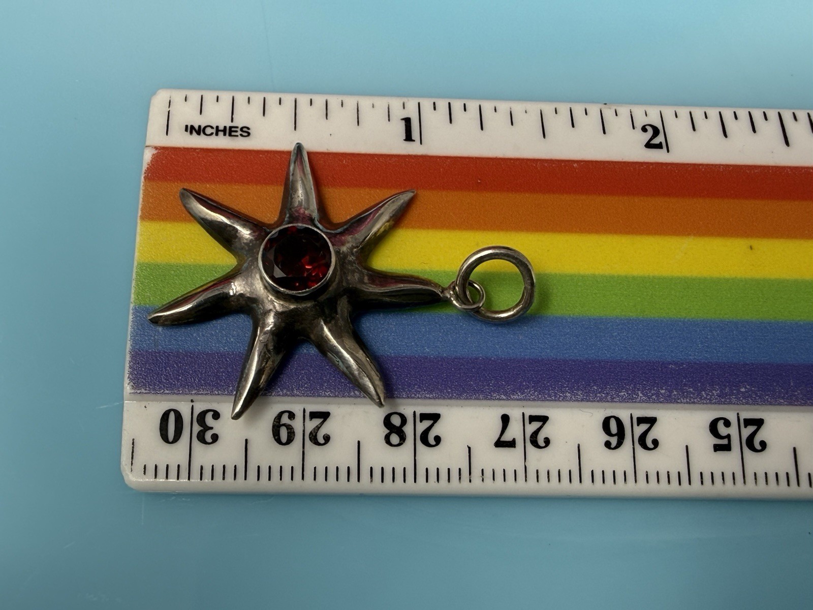 Sterling Silver Vintage Amazing Star Sun Garnet Starburst Pendant Charm 3h
