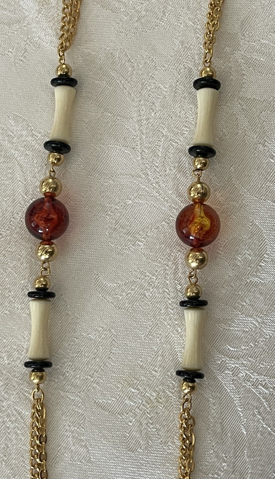 Vintage 24” Gold Tone Black, Cream & Amber Colored Beads Necklace