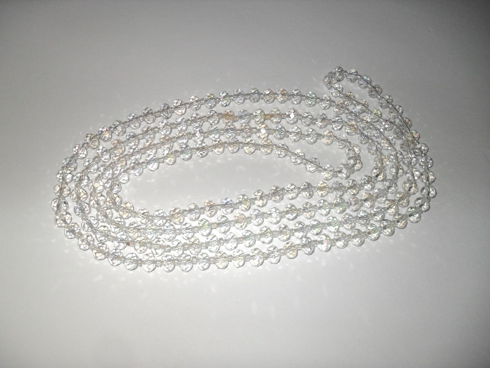 Vtg Faceted Bead Crystal Clear Aurora Borealis Long 61″ Necklace Flapper Opera