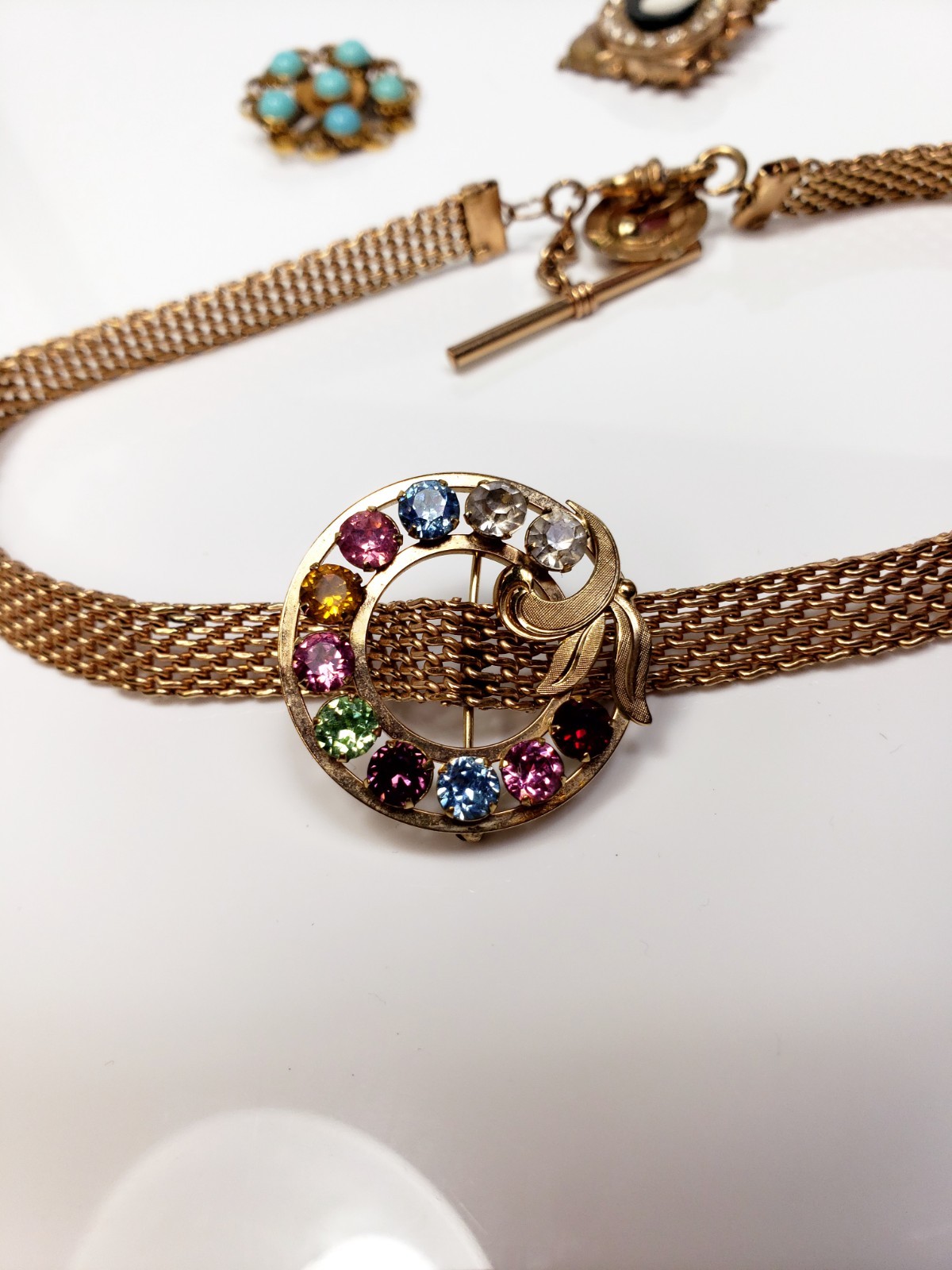 Antique Victorian Gold Filled Choker Watch Mesh Chain Necklace Bracelet Pin Lot
