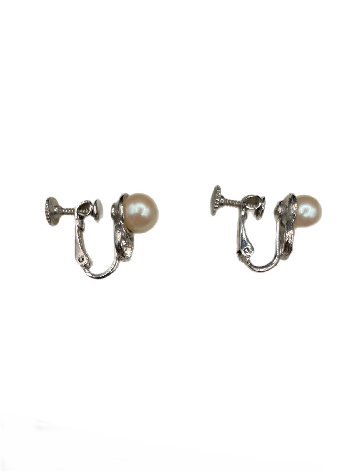 Vintage Pearl & Rhinestone Adjustable Clip-On Earrings & Gray Rhinestone Brooch