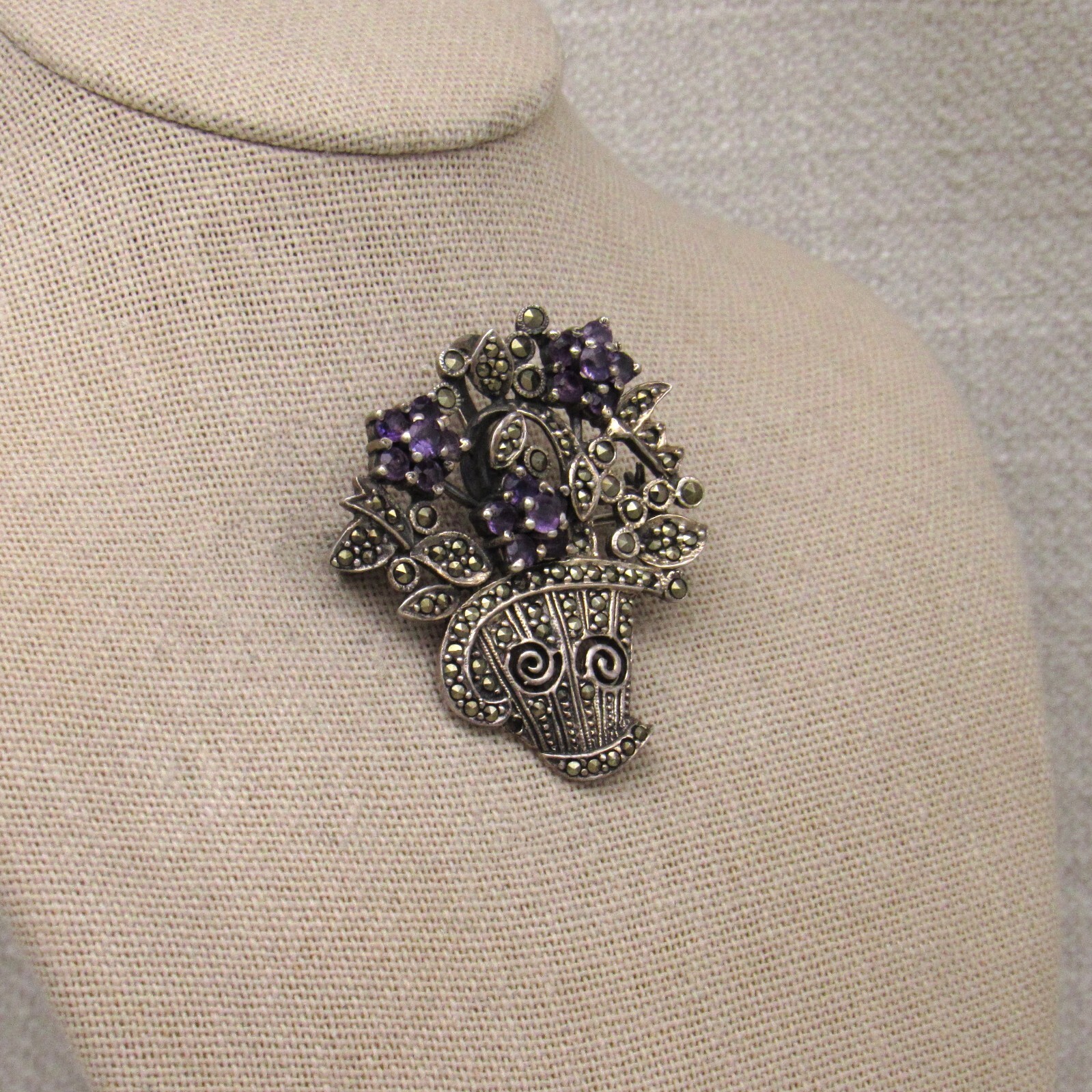 Amethyst, Marcasite and Sterling Slver Flowers and Pot Pin/Pendant +