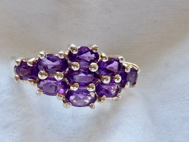 VINTAGE MINED ROUND FACETED AMETHYST CLUSTER RING SIZE 7 STERLING RING