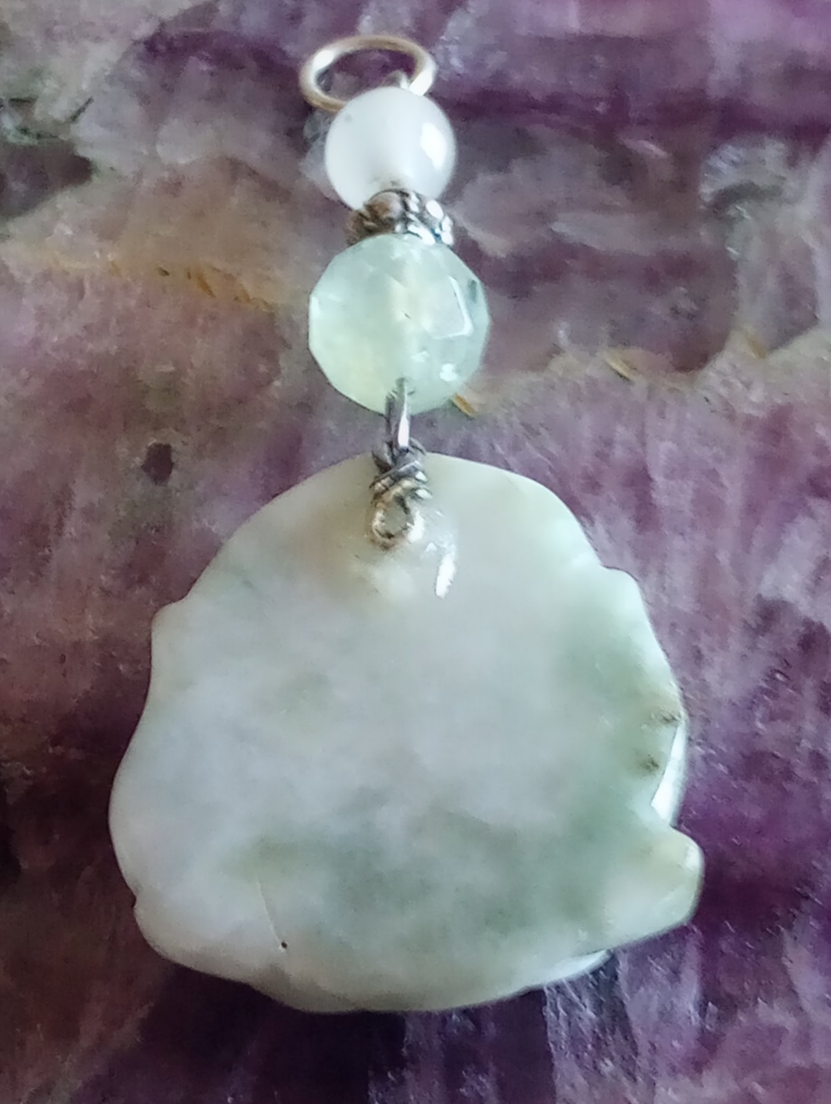 ESTATE HAND CUT JADE QUAN YIN ON A LOTUS W/ HEALING WATER PENDANT JEM STONES