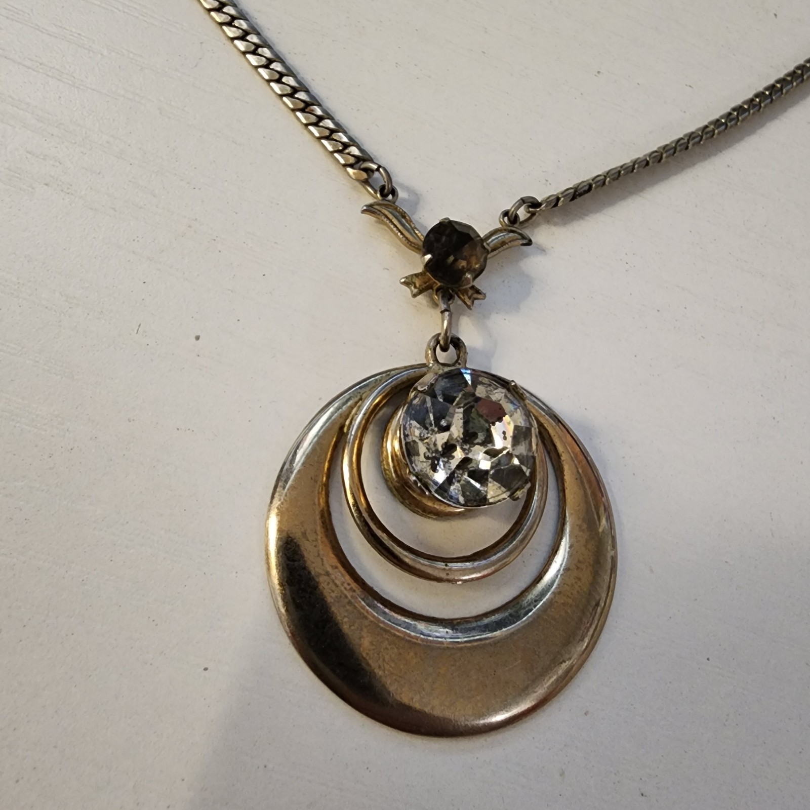Vintage Silver Tone With Large Faux Diamond Black Rhinestones Necklace 2 Circles