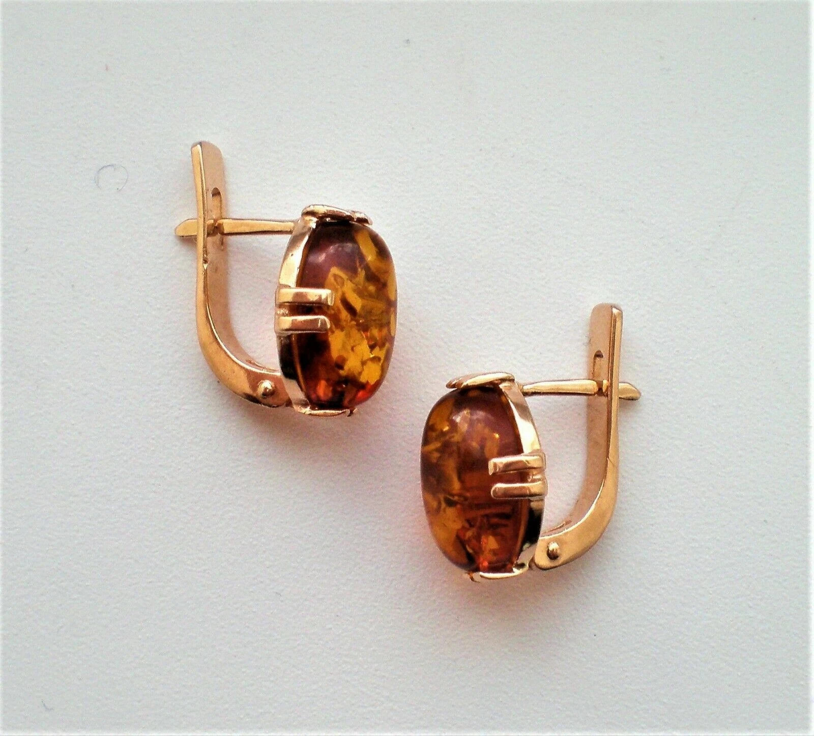 East European Solid 14K 585 Rose Pink Gold Baltic Honey Amber Pierced Earrings
