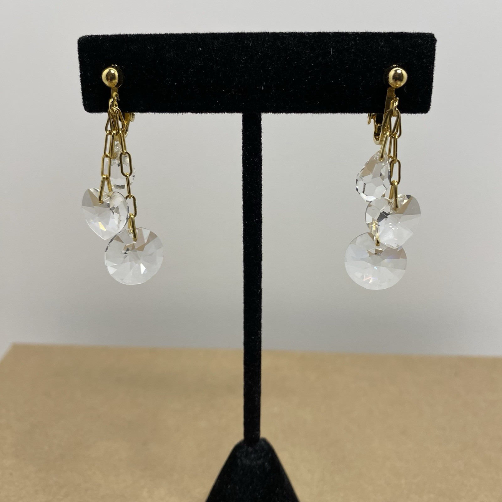 Hoop Dangle Drop Clip On Earrings Gold Tone Crystal Beads Boho