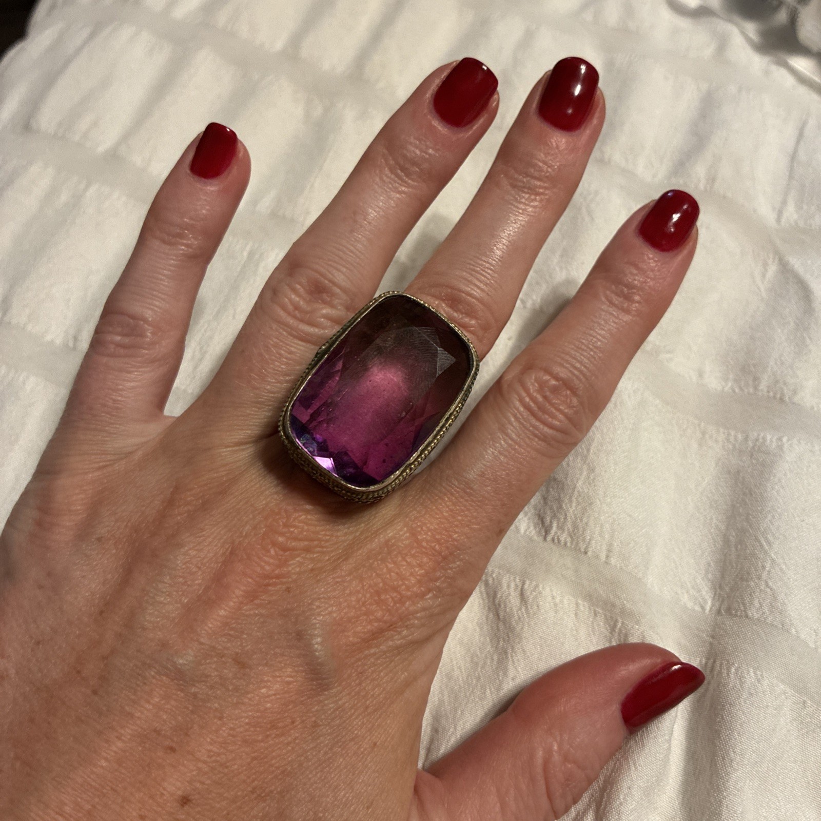 Vintage Large Purple Crystal 925 Sterling Silver Gold Ring Adjustable One Size