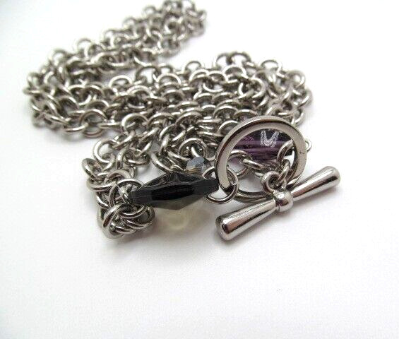 Silver Tone Double Chain Rolo Link Purple Beaded Front Toggle Necklace 19.75 In