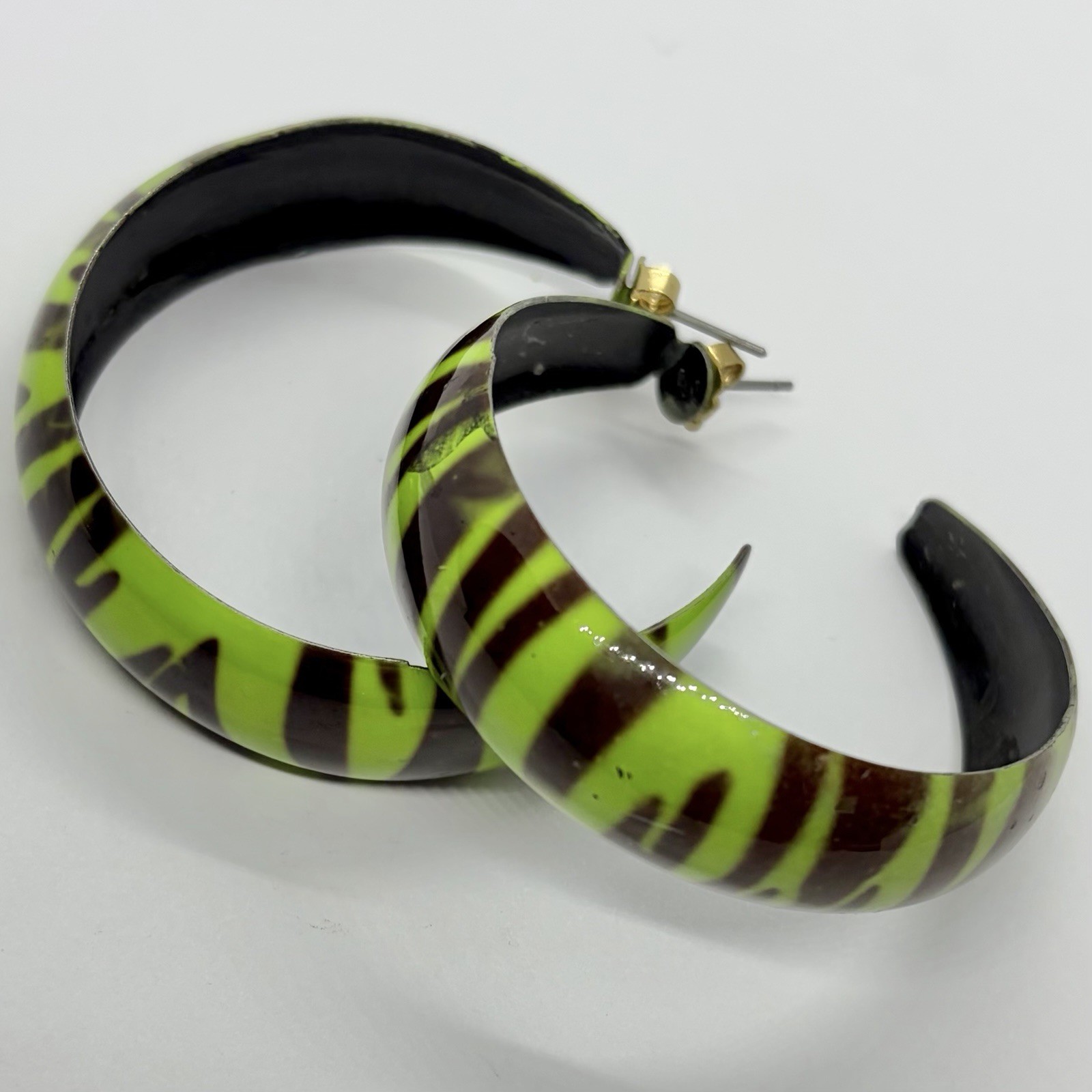 Vtg Big 80s Lime Green Earrings Black Enamel Stripe Hoop Statement Drop Post