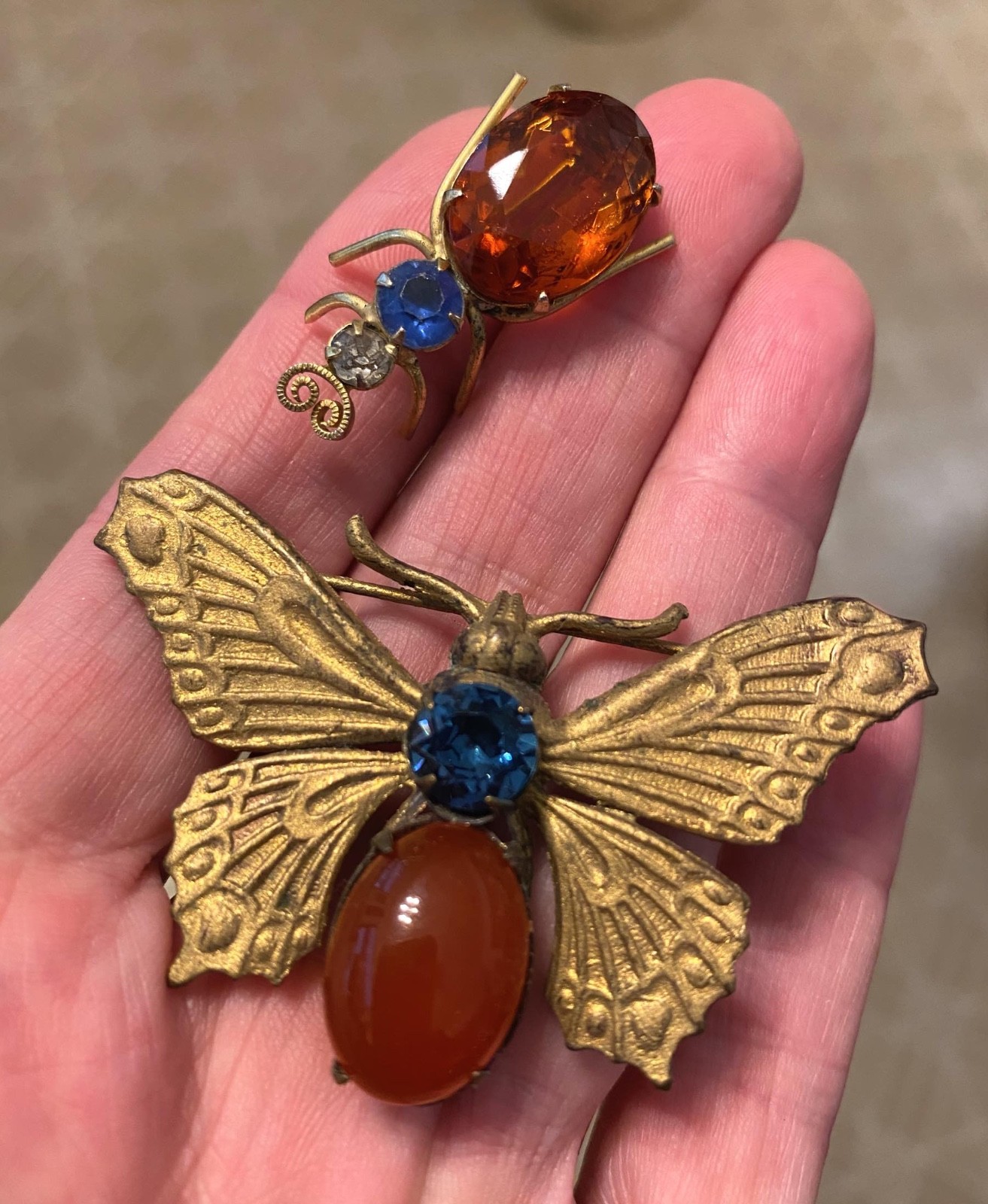 Antique Vintage Bug Pin Brooch Lot Butterfly Moth Blue Rhinestone Carnelian