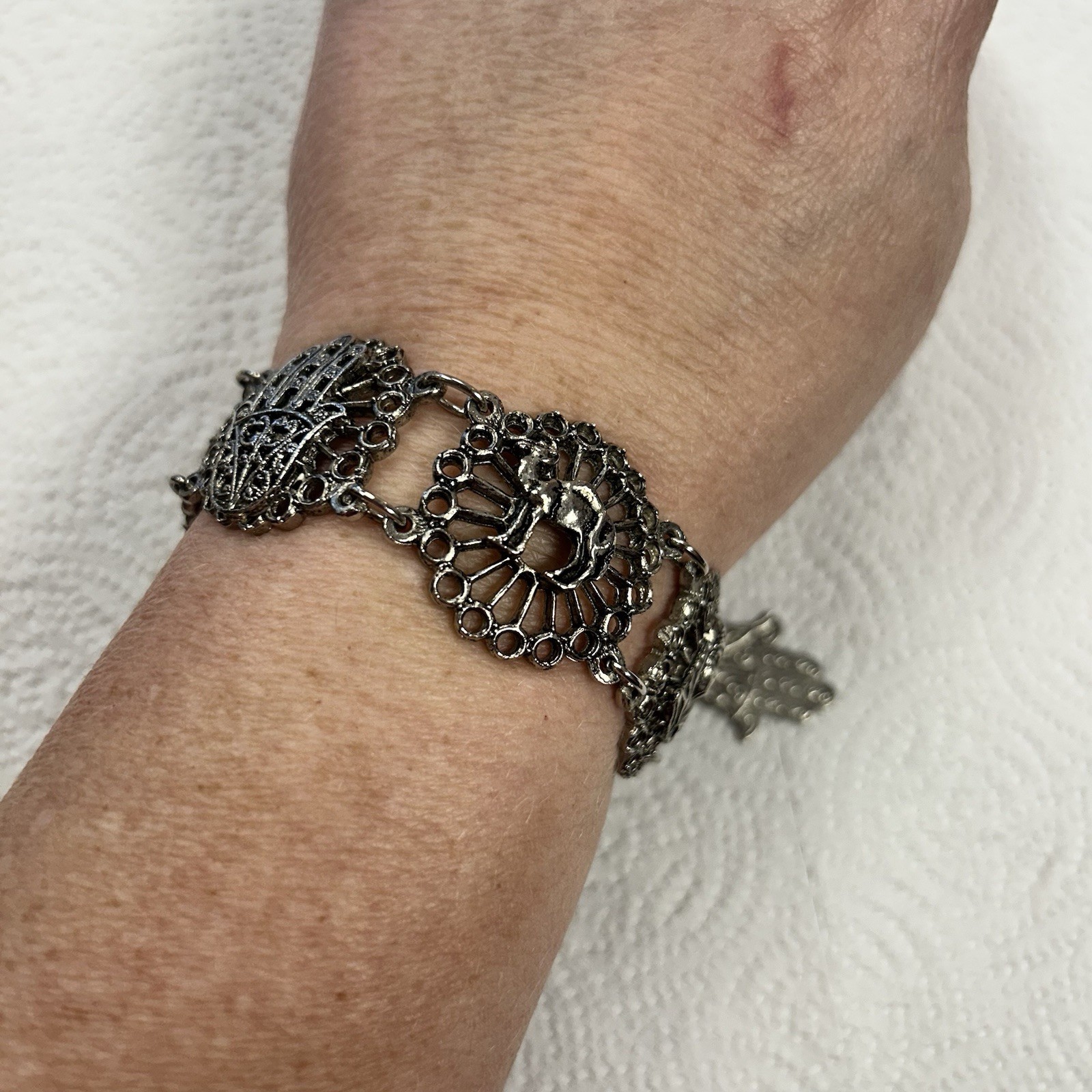 Vintage Souvenir Du Maroc Silver Bracelet Armenian Hamsa Moon Star Camel Travel