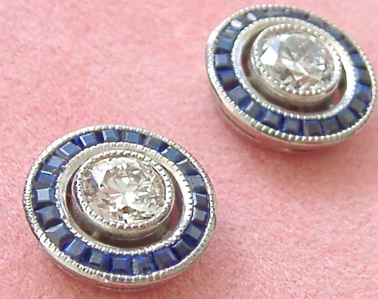 ART DECO 1.14ctw EURO FLOATING DIAMOND SAPPHIRE HALO 11mm PLATINUM STUD EARRINGS