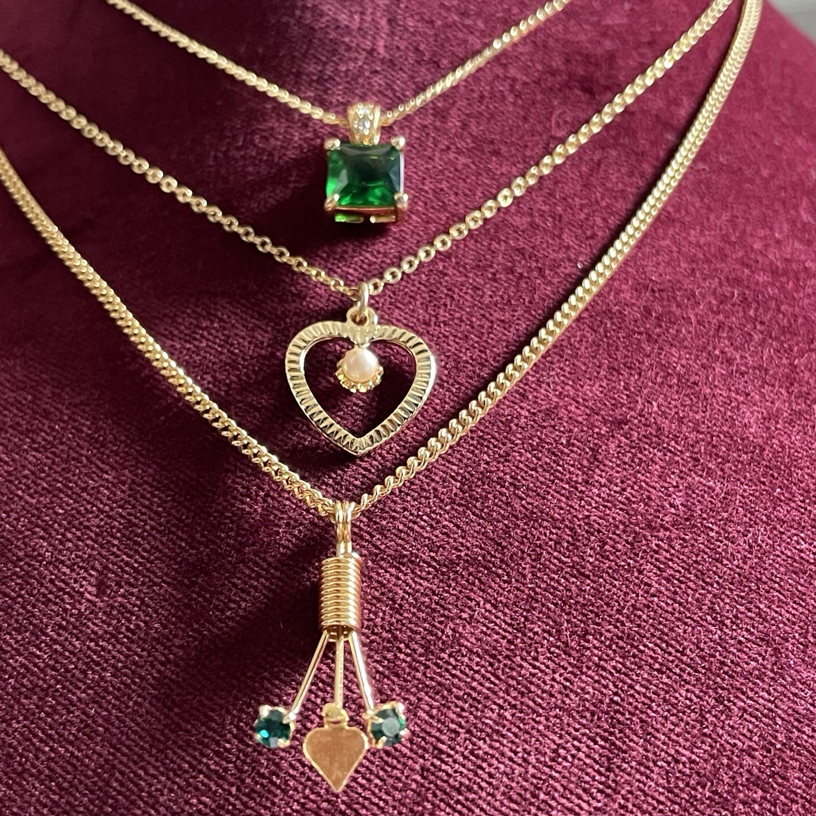 Vintage Dainty Necklace Set (3) Emerald Green Rhinestone Gold Tone Heart May Lot