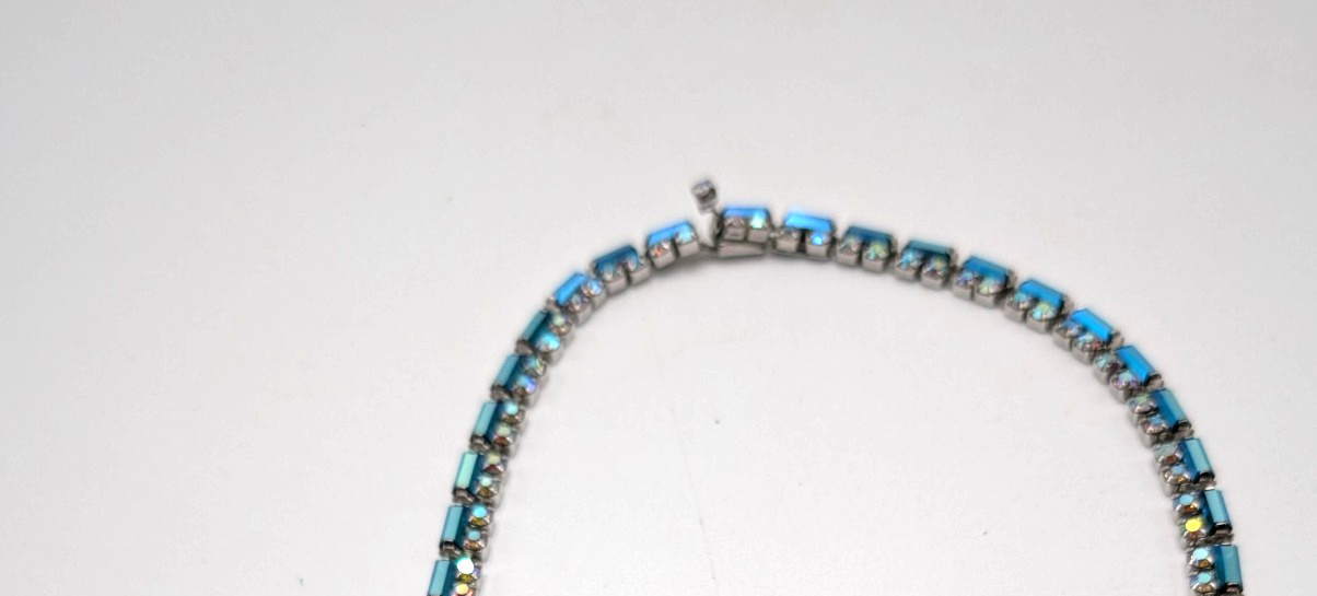 Vintage Vendome Blue and Aurora Borealis Glass Stones 16 1/2 Inch Necklace