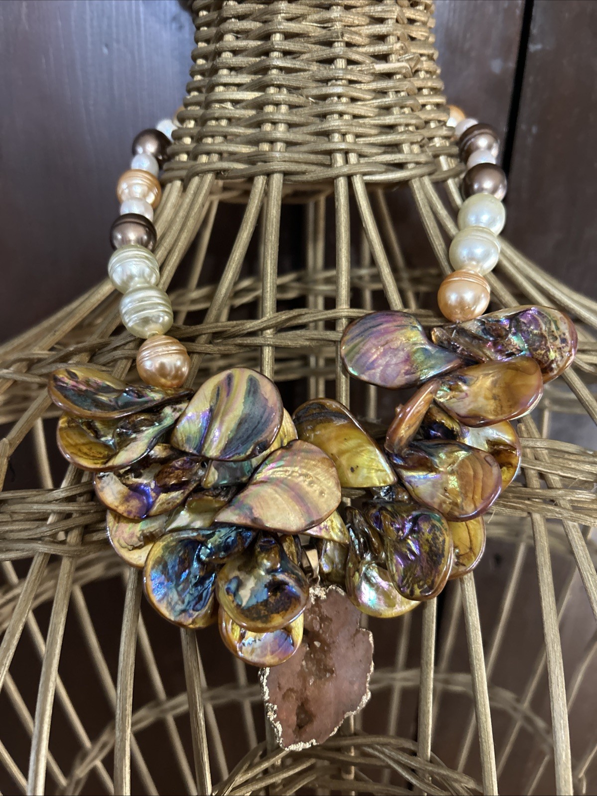 Statement Necklace Amber Abalone Shells W Geode Crystal Handmade! Quality Made!