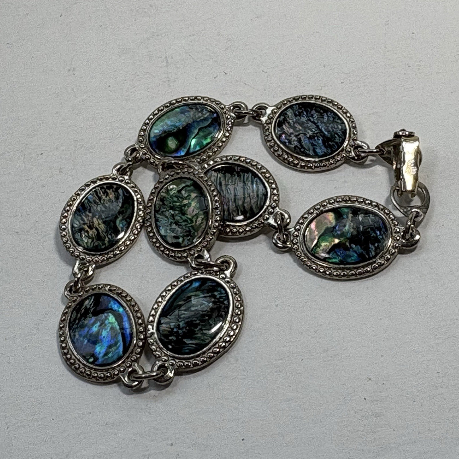 Vintage Silver Tone Abalone Link Bracelet Paua Shell Oval 8″