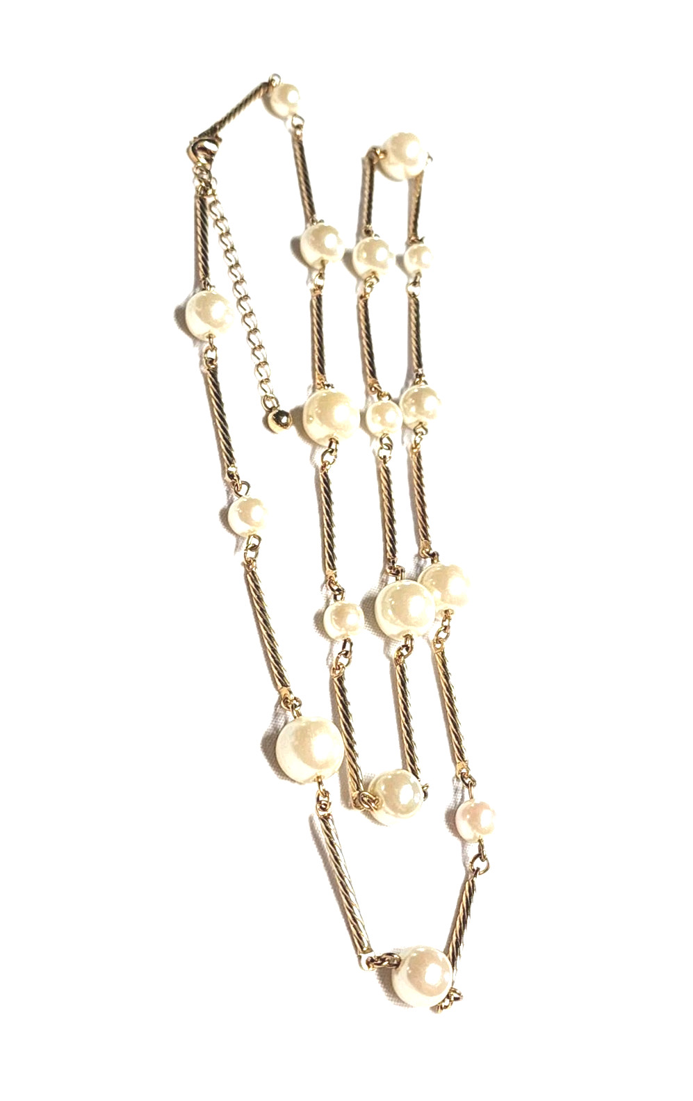 VTG AVON SH Gold Tone Twisted Bar Link & Cream White Faux Pearl Station Necklace