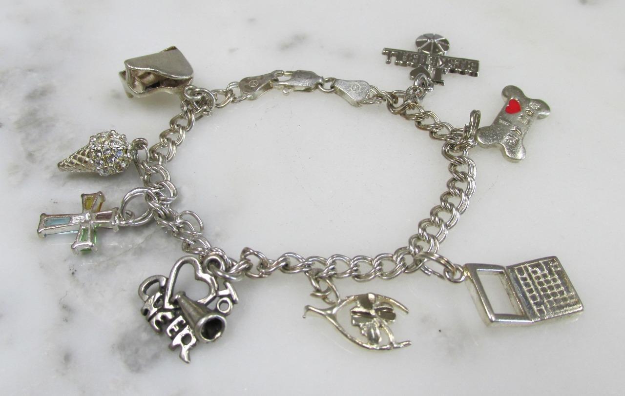 Sterling Silver Double Curb Link Bracelet w/ 8 Charms ~ 6-3/4″ ~ 19g ~ 6-K463