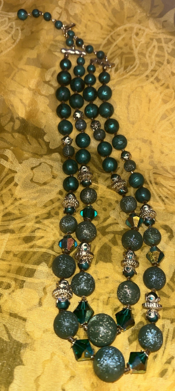 Vintage Green Beaded Acrylic Necklace Japan 18” Double Strand, Gold Tone