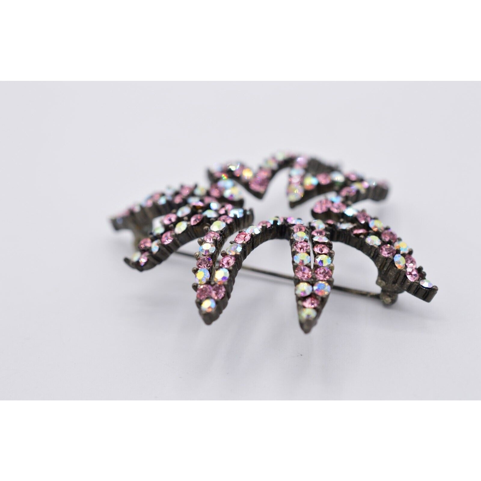 Givenchy Vintage Crystal Flower Star Pin Brooch AB Pink Gunmetal Signed 80s Bin8