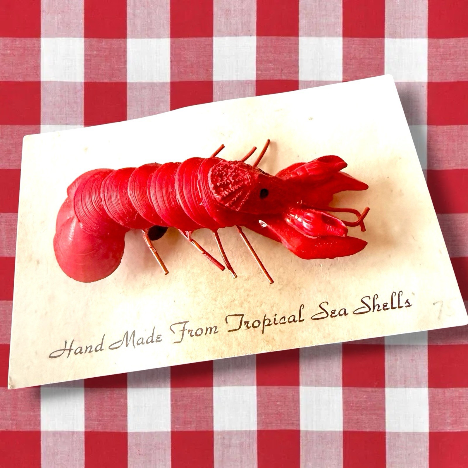 Figural Shell Brooch Lobster Handmade Mid Century Coastal Novelty Pin NOS