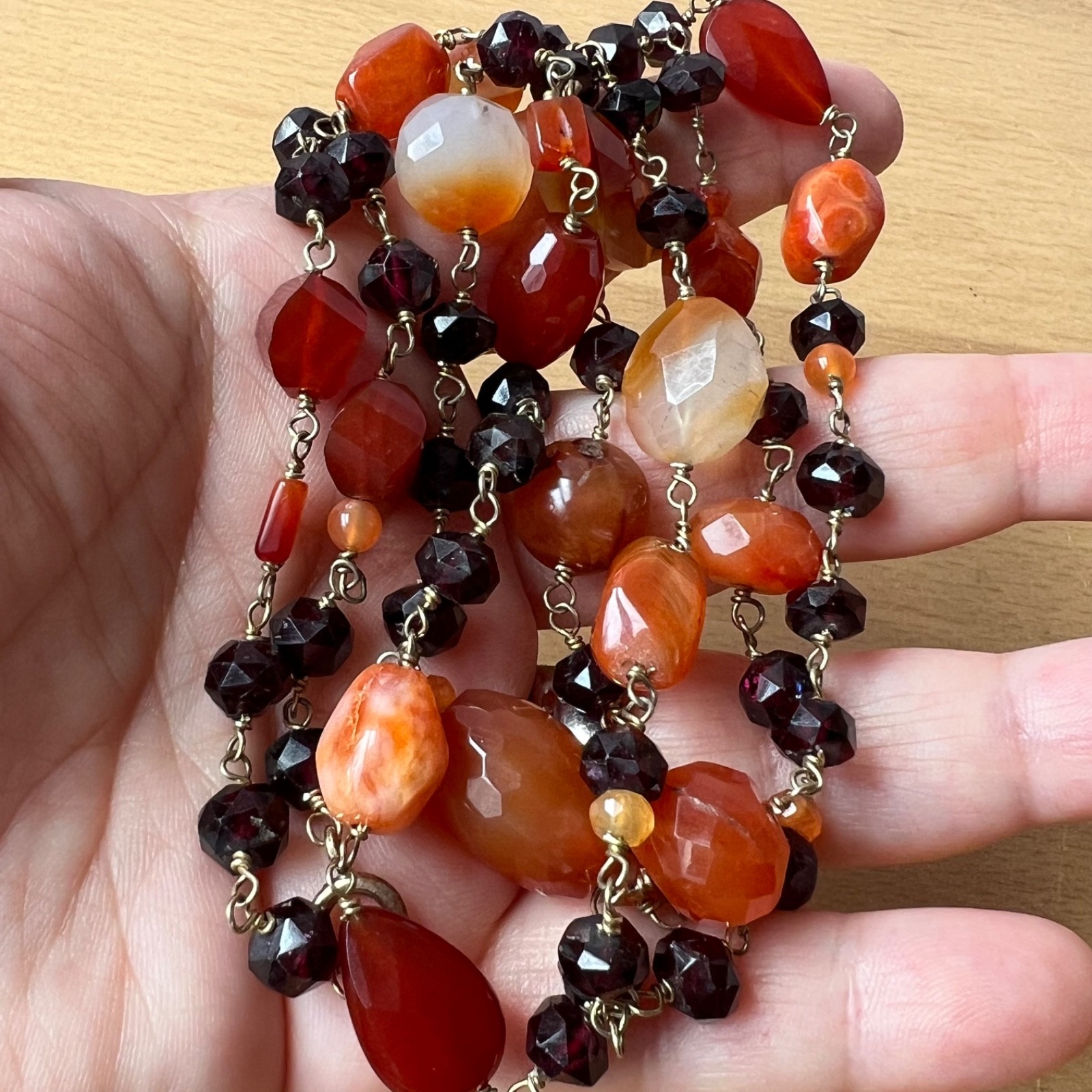 VINTAGE AGATE RHODOLITE GARNET 925 STERLING SLVR LONG STATION STATEMENT NECKLACE
