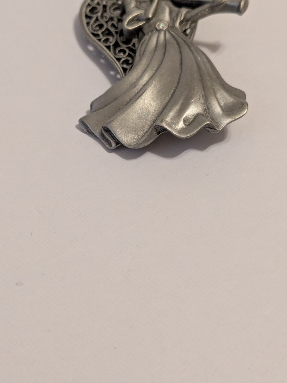 JJ Jonette Vintage Silver Tone Pewter Angel & Horn Brooch With Rhinestone 2.5″.