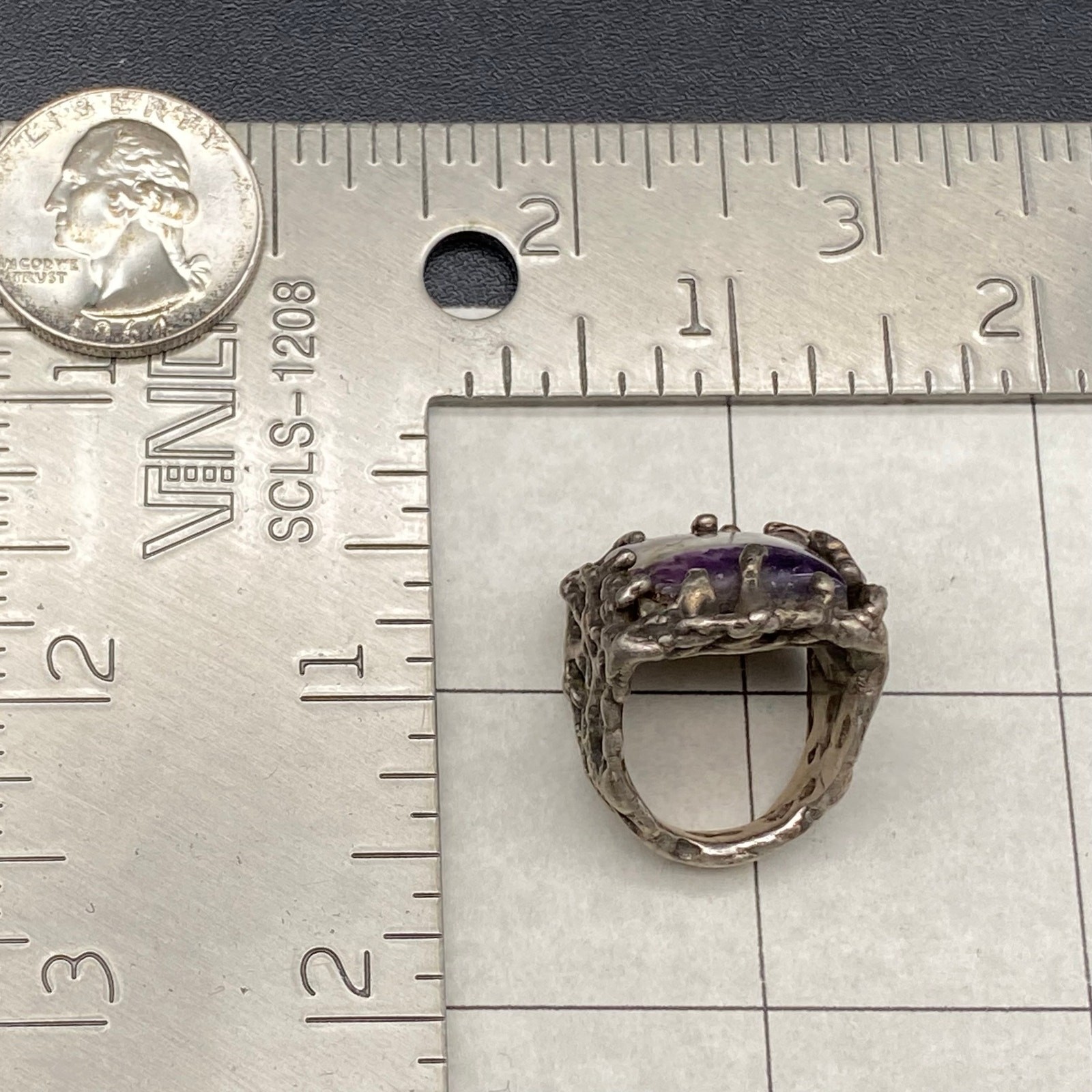 Vintage Brutalist Purple Chevron Amethyst Stone Silver Ring Size 5.5