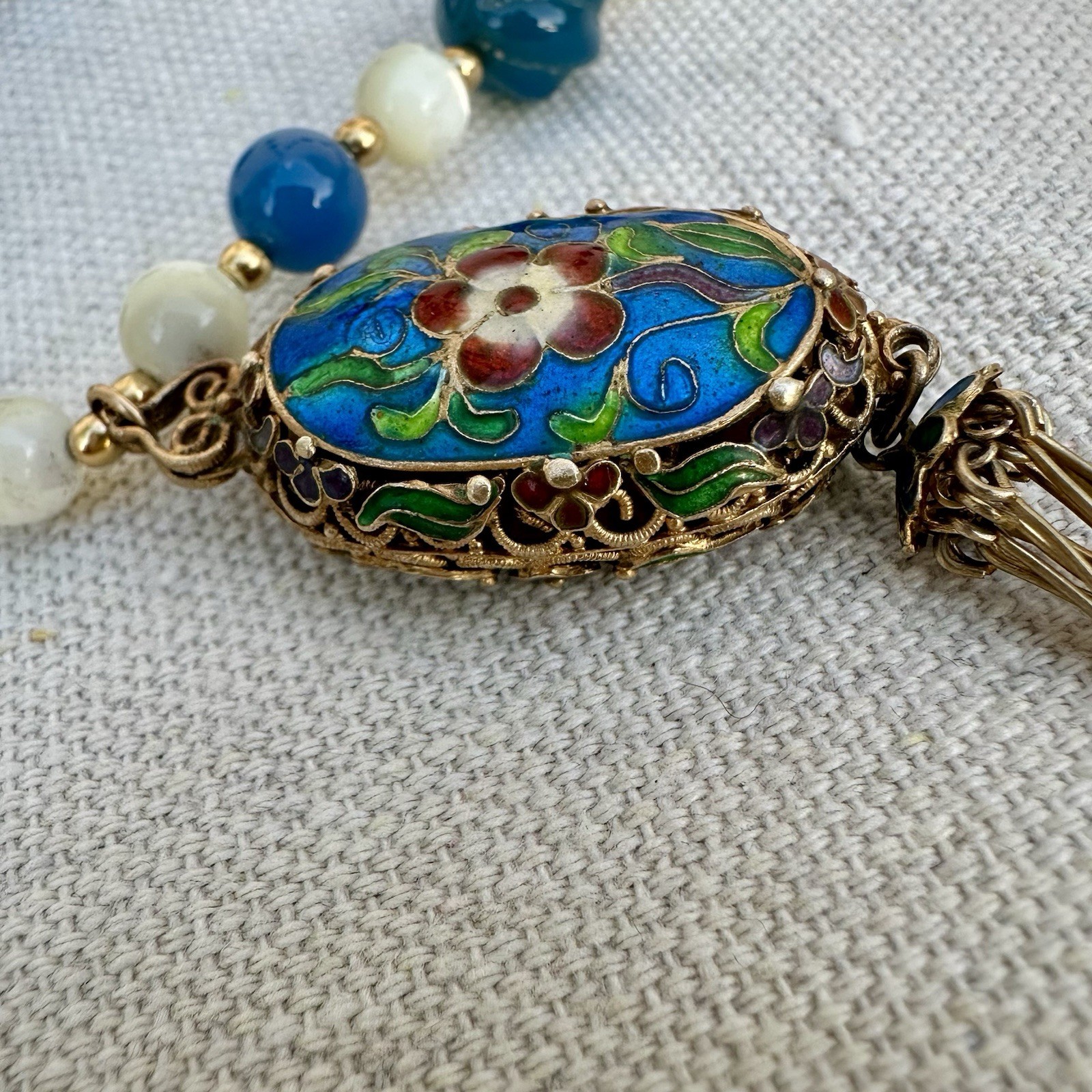 36” Vtg Cloisonné Pendant Tassel Beaded Necklace Mother Of Pearl Chinoiserie