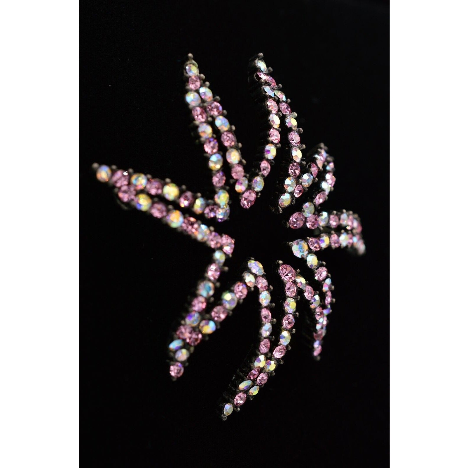 Givenchy Vintage Crystal Flower Star Pin Brooch AB Pink Gunmetal Signed 80s Bin8