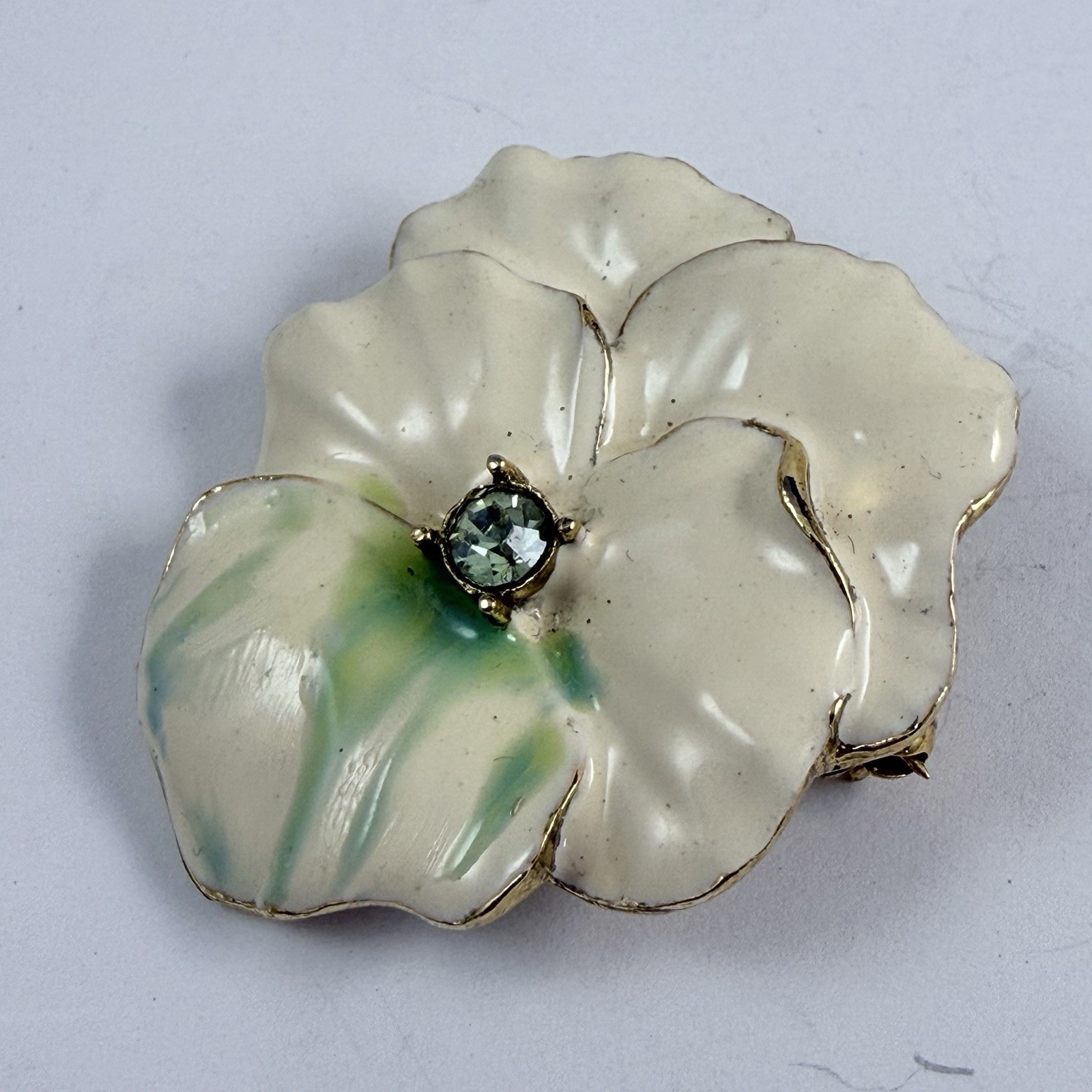 Vintage Enameled Off White & Green Rhinestone Pansy Flower Brooch Pendant