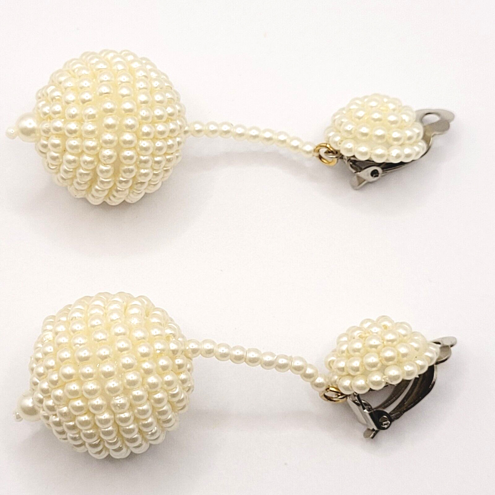 Unique Ball Drop Dangle with Faux Pearl Long Beaded Costume Clip On Earrings