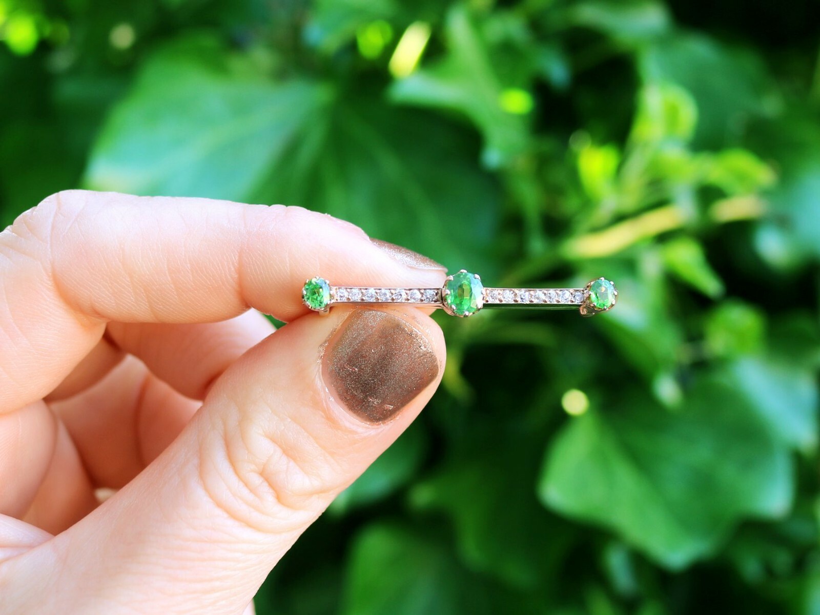 1.01ct Demantoid Garnet and 0.35ct Diamond 14ct Rose Gold Bar Brooch – Antique