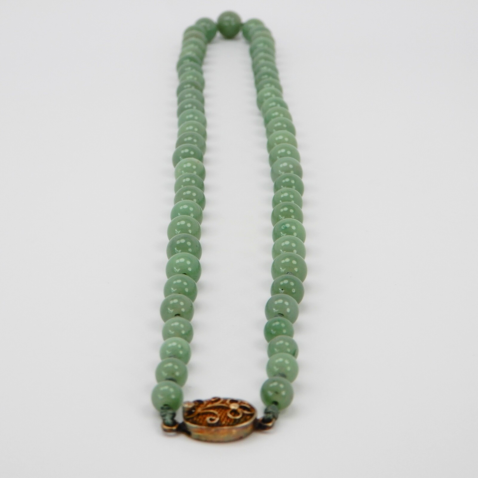 Vintage Green Jade Knotted Graduated Bead Necklace 23” 925 Silver Filigree Clasp