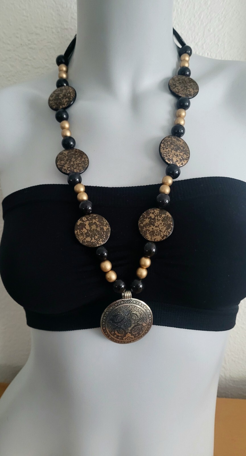 VTG ARTISAN LONG BEADED STATEMENT NECKLACE GLASS & LUCITE BEADS BOHO